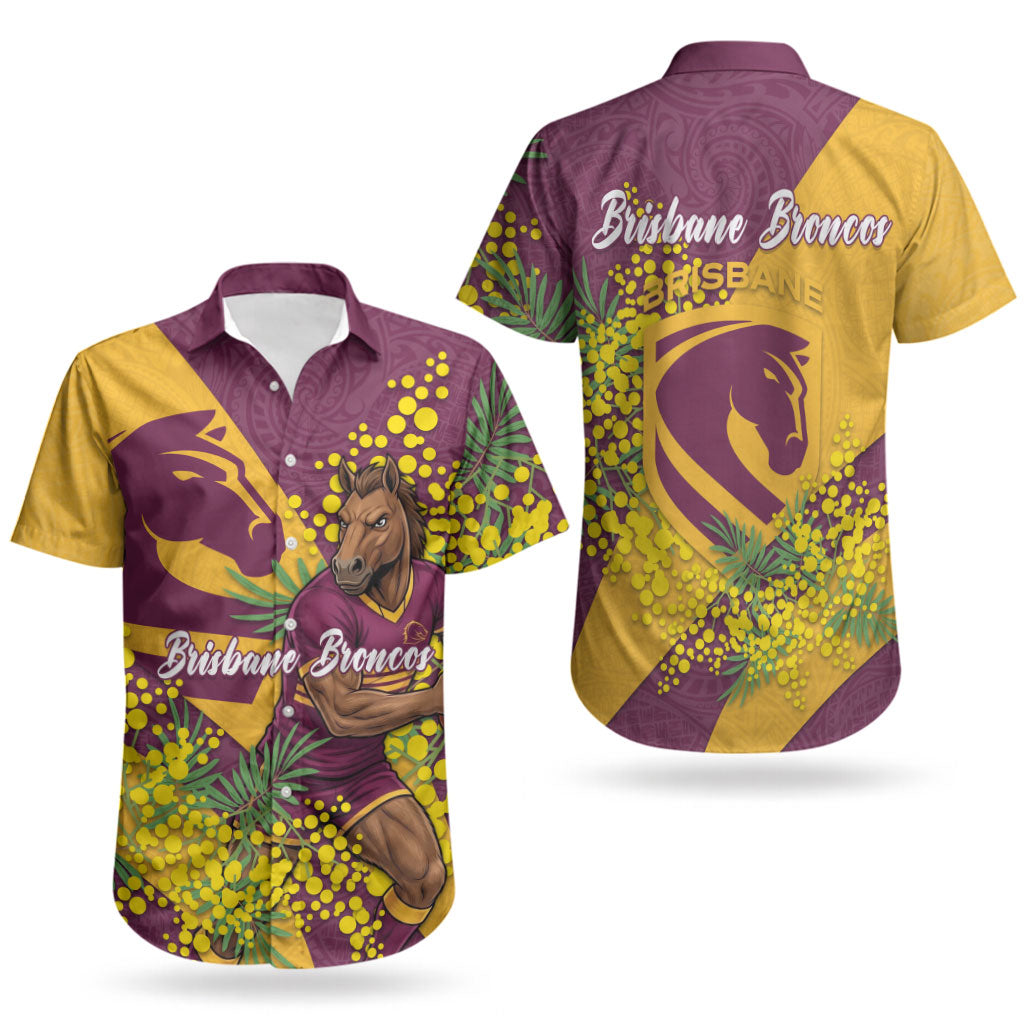 Brisbane Broncos Couples Matching Tank Maxi Dress and Hawaiian Shirt Golden Wattle Floral Polynesian - Australian Flower - Rugby Mascot