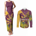 Brisbane Broncos Couples Matching Tank Maxi Dress and Long Sleeve Button Shirt Golden Wattle Floral Polynesian - Australian Flower - Rugby Mascot