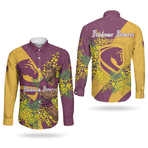 Brisbane Broncos Couples Matching Tank Maxi Dress and Long Sleeve Button Shirt Golden Wattle Floral Polynesian - Australian Flower - Rugby Mascot