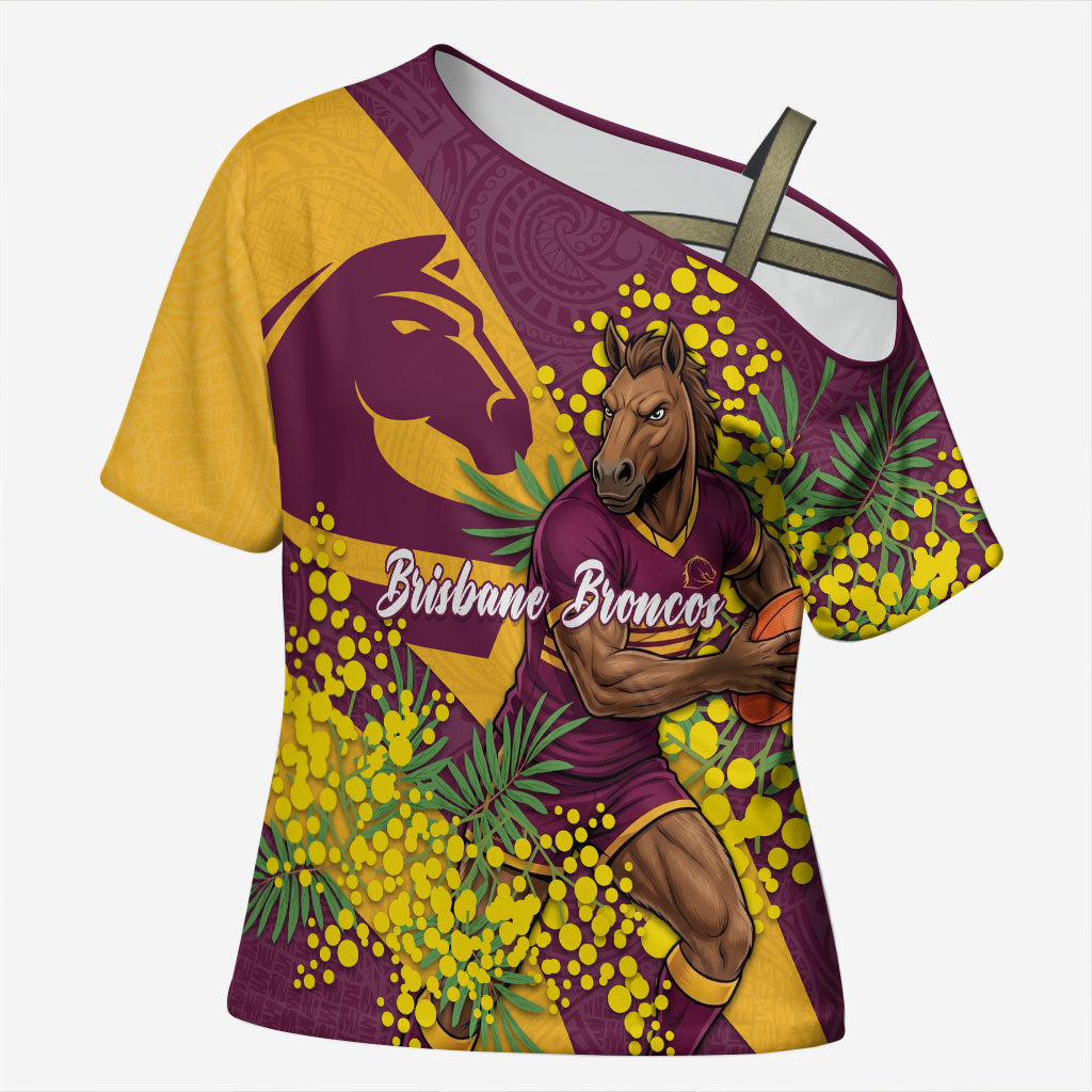 Brisbane Broncos Cross Shoulder Shirt Golden Wattle Floral Polynesian - Australian Flower - Rugby Mascot