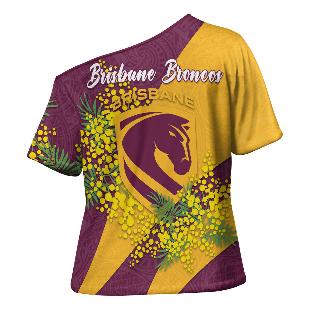 Brisbane Broncos Cross Shoulder Shirt Golden Wattle Floral Polynesian - Australian Flower - Rugby Mascot