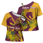 Brisbane Broncos Cross Shoulder Shirt Golden Wattle Floral Polynesian - Australian Flower - Rugby Mascot