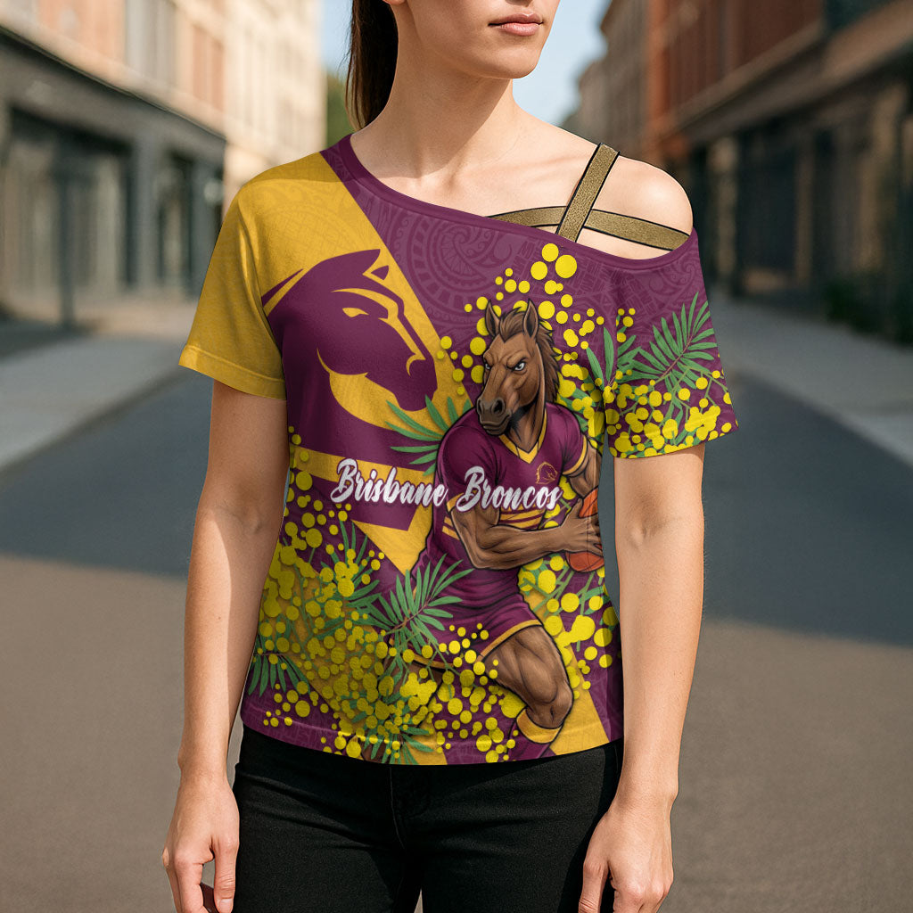 Brisbane Broncos Cross Shoulder Shirt Golden Wattle Floral Polynesian - Australian Flower - Rugby Mascot