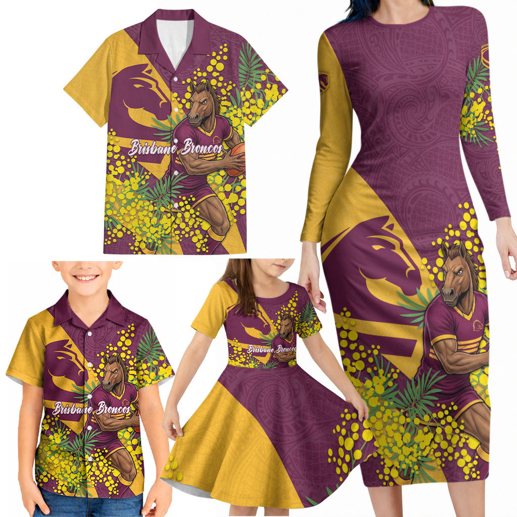 Brisbane Broncos Family Matching Long Sleeve Bodycon Dress and Hawaiian Shirt Golden Wattle Floral Polynesian - Australian Flower - Rugby Mascot
