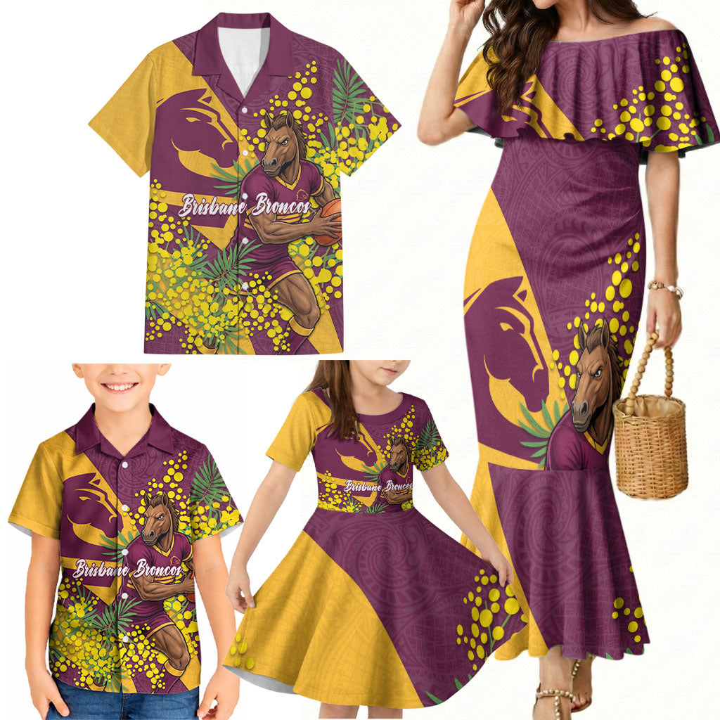 Brisbane Broncos Family Matching Mermaid Dress and Hawaiian Shirt Golden Wattle Floral Polynesian - Australian Flower - Rugby Mascot