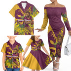 Brisbane Broncos Family Matching Off The Shoulder Long Sleeve Dress and Hawaiian Shirt Golden Wattle Floral Polynesian - Australian Flower - Rugby Mascot