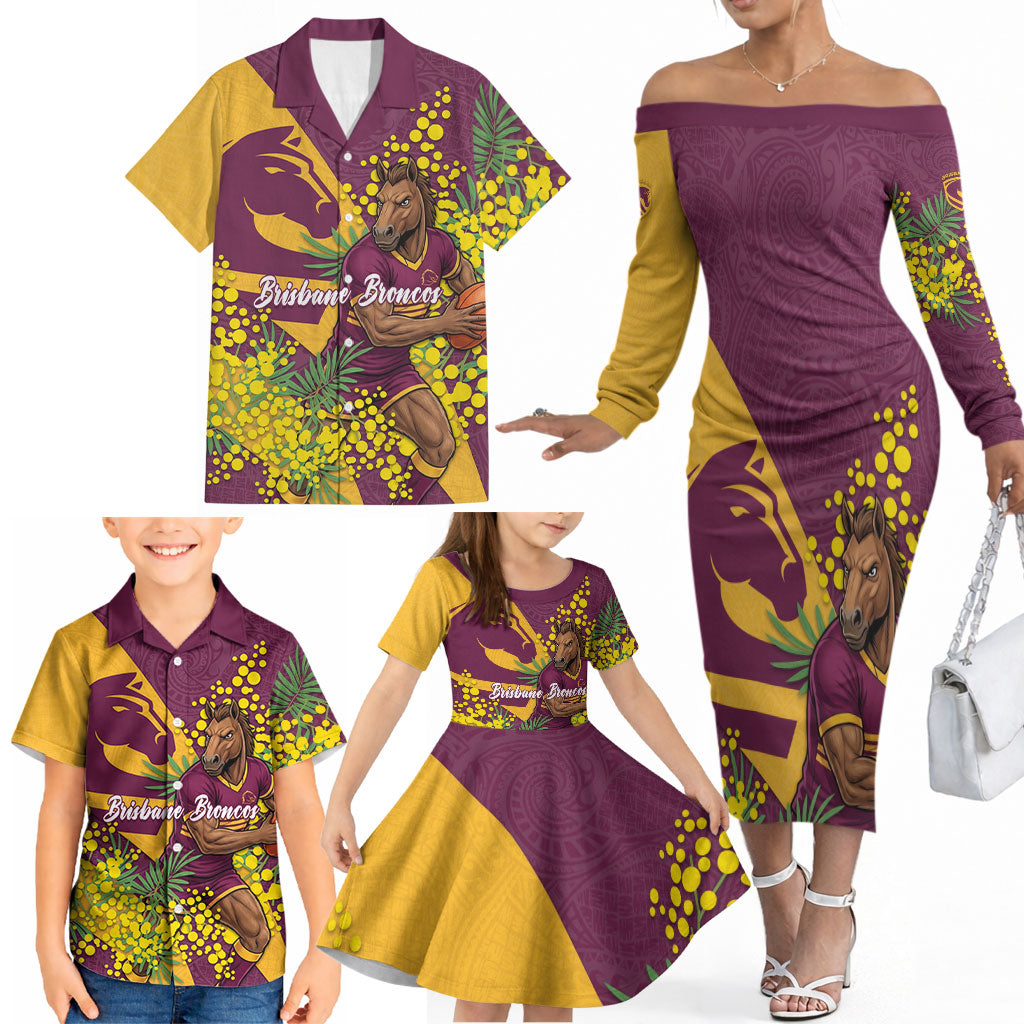 Brisbane Broncos Family Matching Off The Shoulder Long Sleeve Dress and Hawaiian Shirt Golden Wattle Floral Polynesian - Australian Flower - Rugby Mascot