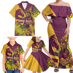 Brisbane Broncos Family Matching Off Shoulder Maxi Dress and Hawaiian Shirt Golden Wattle Floral Polynesian - Australian Flower - Rugby Mascot