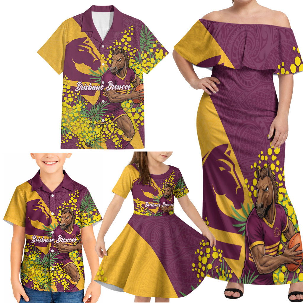 Brisbane Broncos Family Matching Off Shoulder Maxi Dress and Hawaiian Shirt Golden Wattle Floral Polynesian - Australian Flower - Rugby Mascot