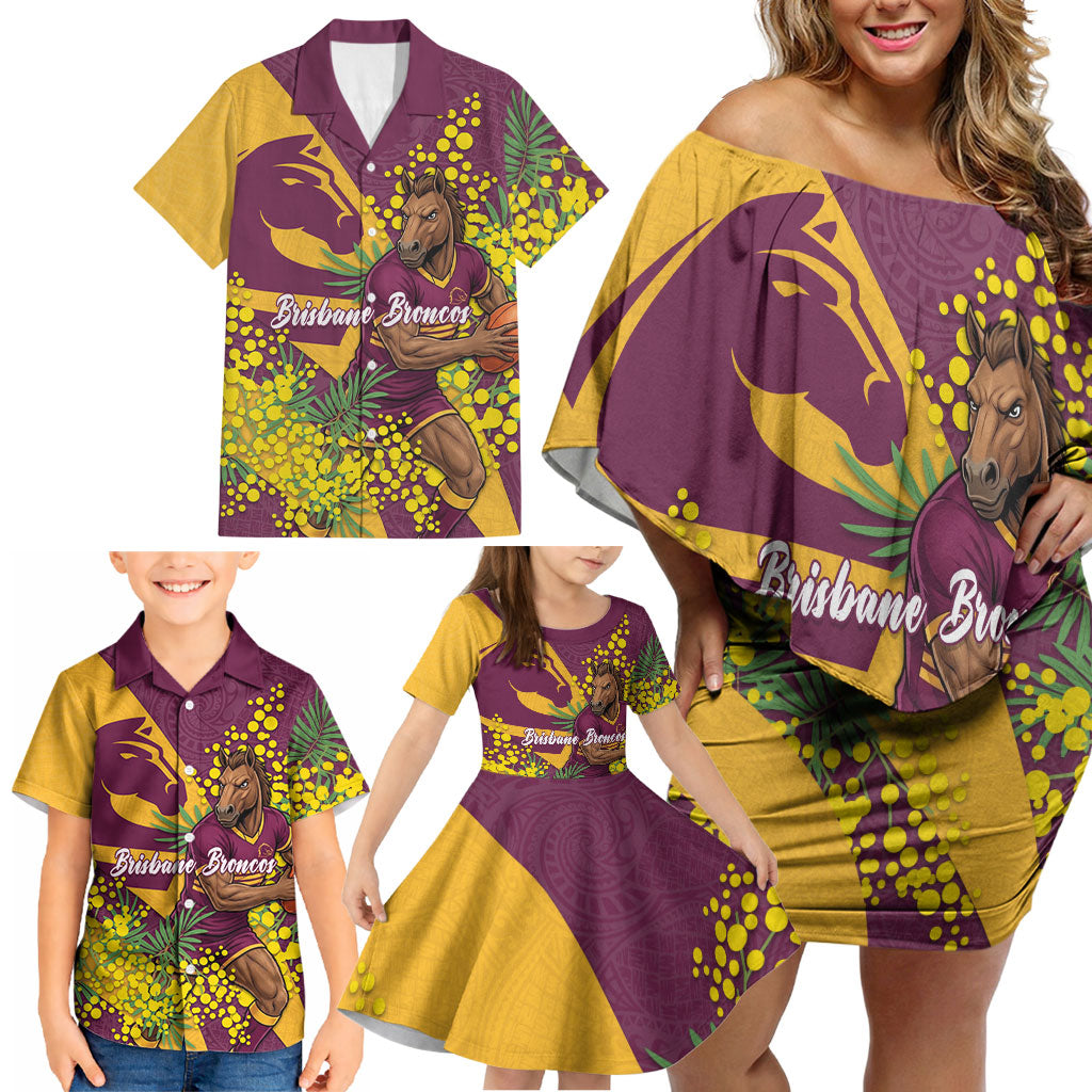 Brisbane Broncos Family Matching Off Shoulder Short Dress and Hawaiian Shirt Golden Wattle Floral Polynesian - Australian Flower - Rugby Mascot