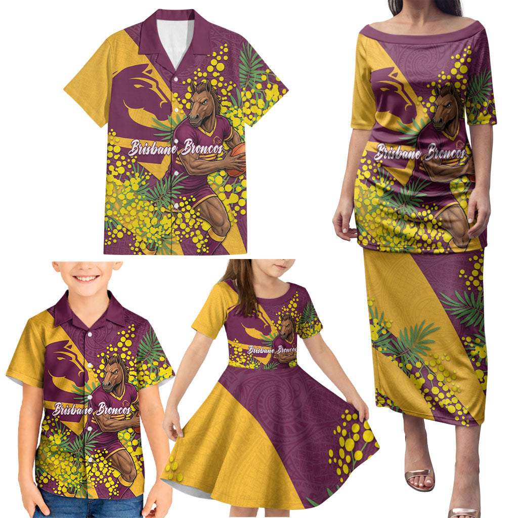 Brisbane Broncos Family Matching Puletasi and Hawaiian Shirt Golden Wattle Floral Polynesian - Australian Flower - Rugby Mascot