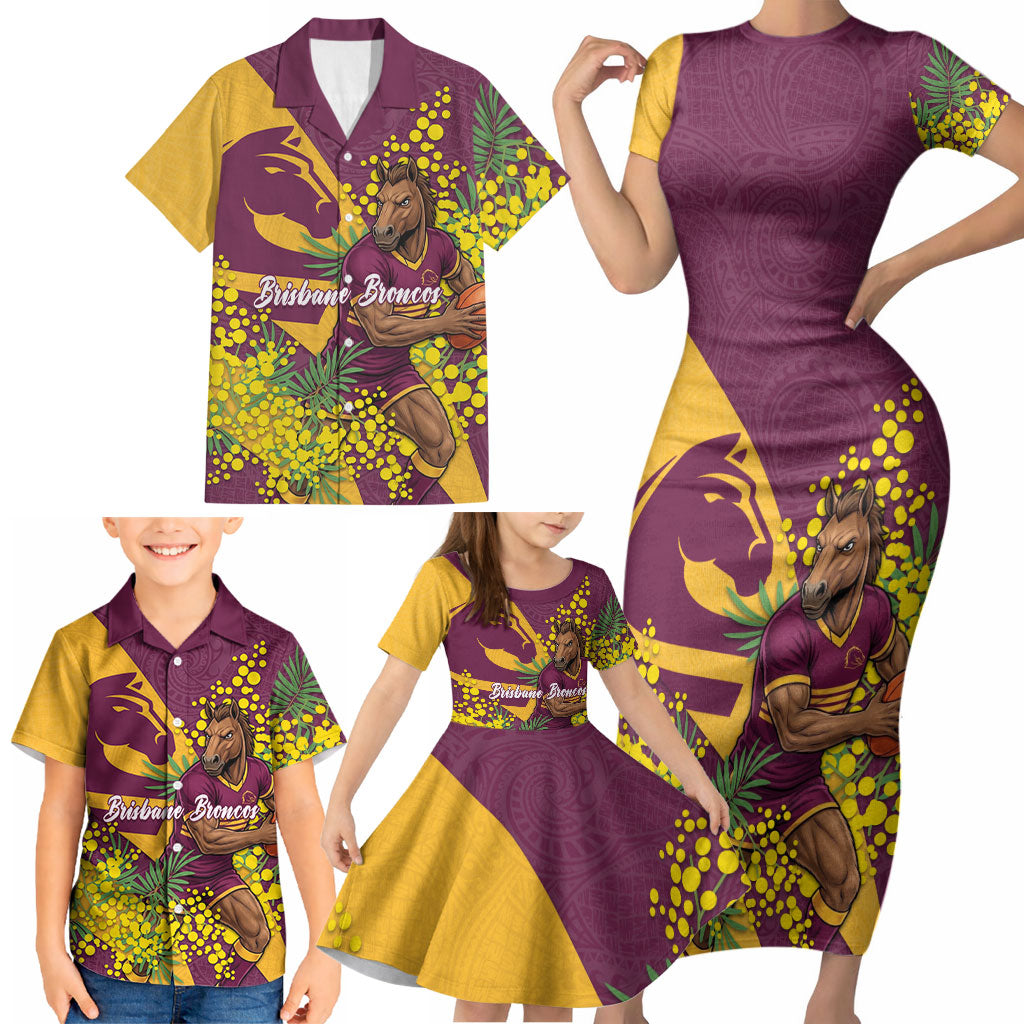 Brisbane Broncos Family Matching Short Sleeve Bodycon Dress and Hawaiian Shirt Golden Wattle Floral Polynesian - Australian Flower - Rugby Mascot