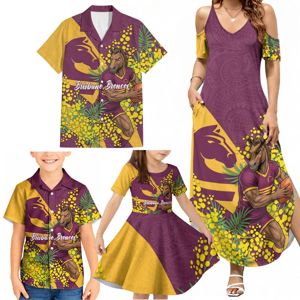 Brisbane Broncos Family Matching Summer Maxi Dress and Hawaiian Shirt Golden Wattle Floral Polynesian - Australian Flower - Rugby Mascot