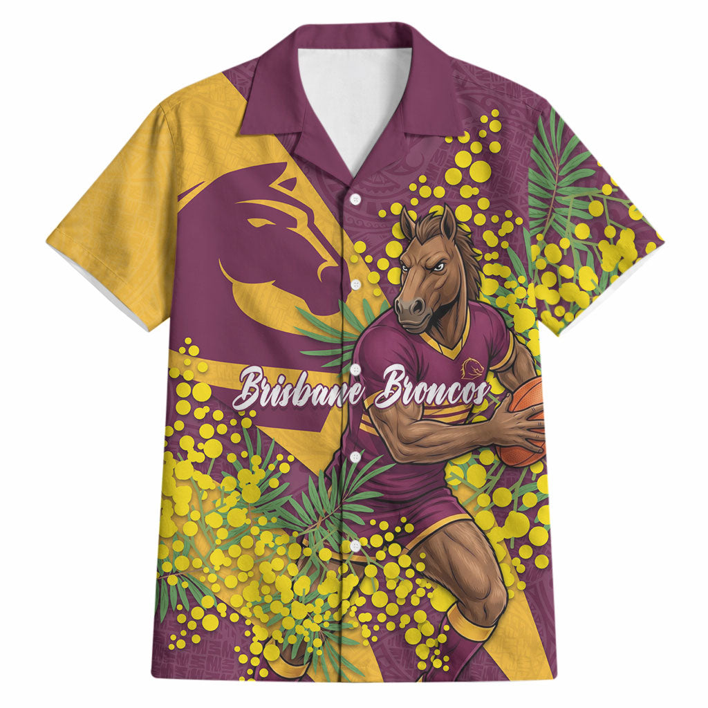 Brisbane Broncos Hawaiian Shirt Golden Wattle Floral Polynesian - Australian Flower - Rugby Mascot