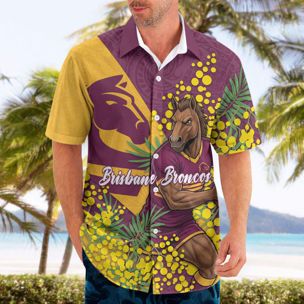 Brisbane Broncos Hawaiian Shirt Golden Wattle Floral Polynesian - Australian Flower - Rugby Mascot