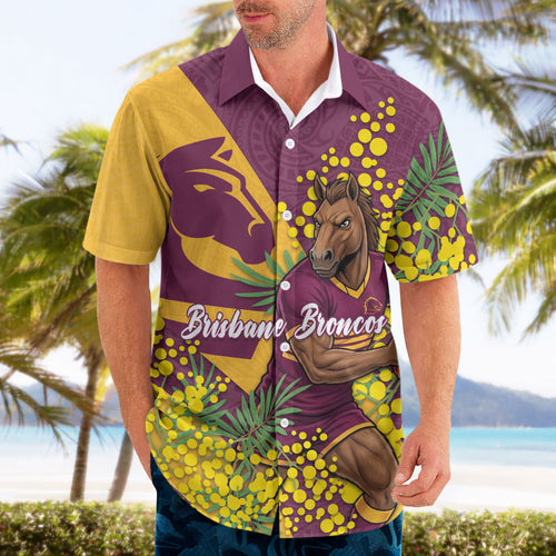 Brisbane Broncos Hawaiian Shirt Golden Wattle Floral Polynesian - Australian Flower - Rugby Mascot