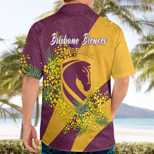 Brisbane Broncos Hawaiian Shirt Golden Wattle Floral Polynesian - Australian Flower - Rugby Mascot