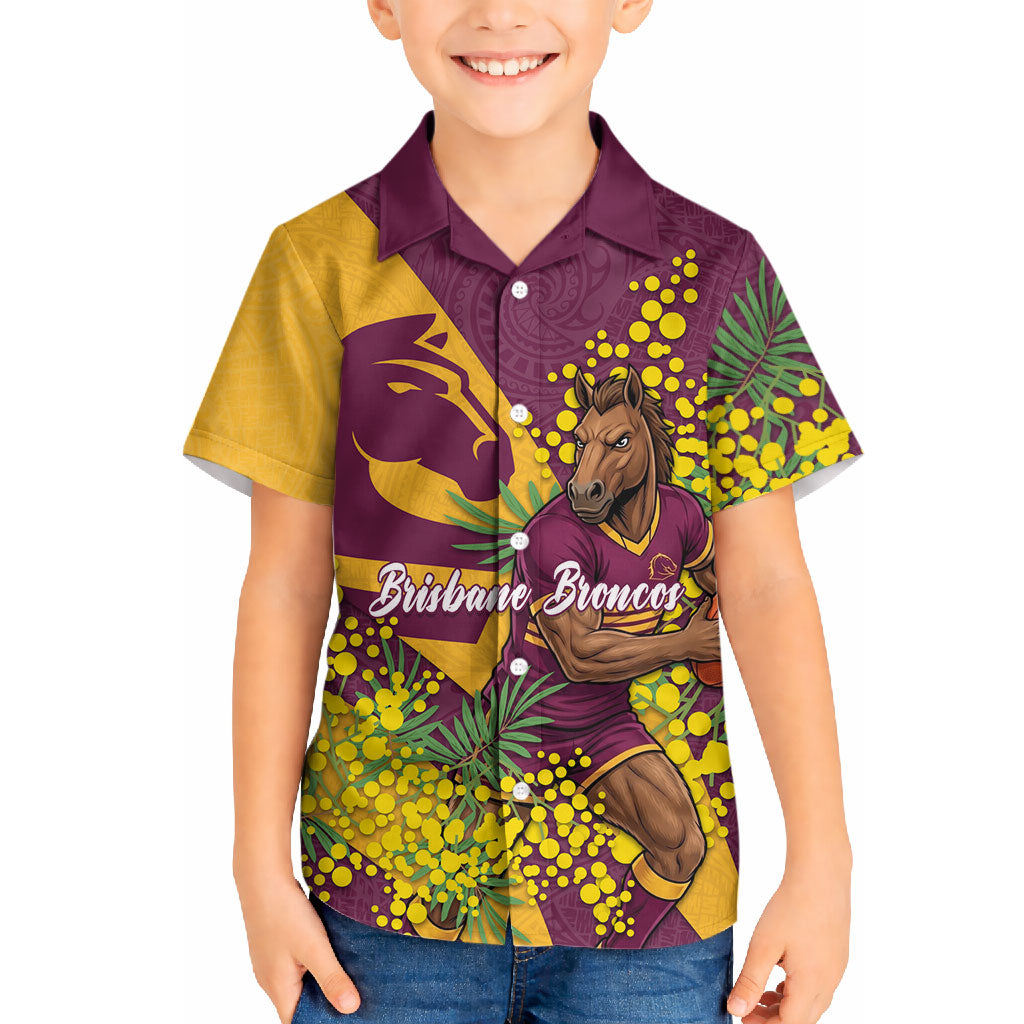 Brisbane Broncos Hawaiian Shirt Golden Wattle Floral Polynesian - Australian Flower - Rugby Mascot