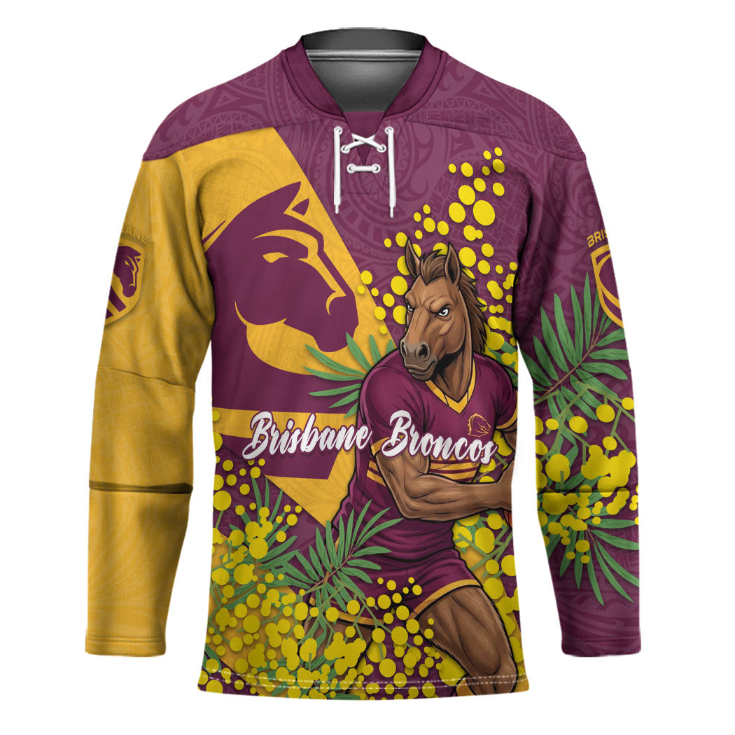 Brisbane Broncos Hockey Jersey Golden Wattle Floral Polynesian - Australian Flower - Rugby Mascot
