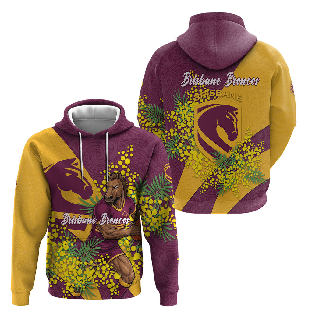 Brisbane Broncos Hoodie Golden Wattle Floral Polynesian - Australian Flower - Rugby Mascot