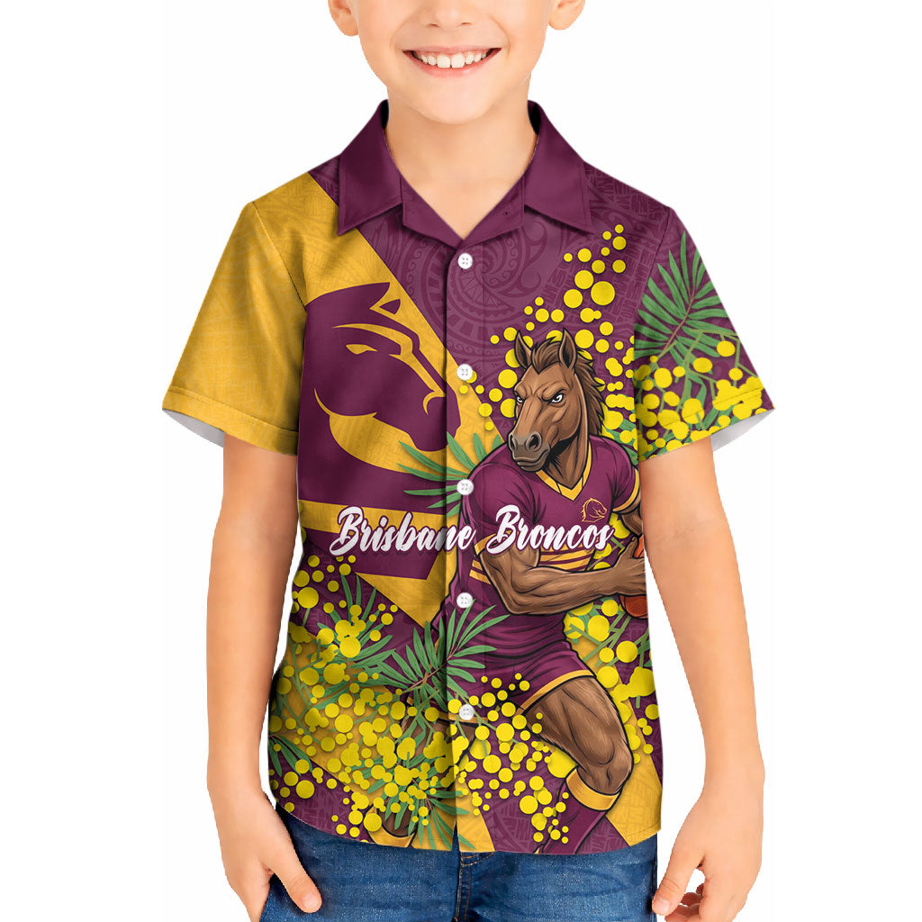 Brisbane Broncos Kid Hawaiian Shirt Golden Wattle Floral Polynesian - Australian Flower - Rugby Mascot