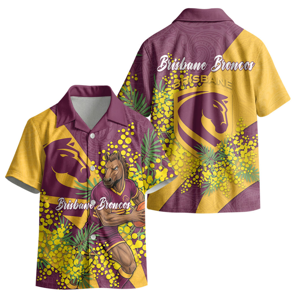 Brisbane Broncos Kid Hawaiian Shirt Golden Wattle Floral Polynesian - Australian Flower - Rugby Mascot