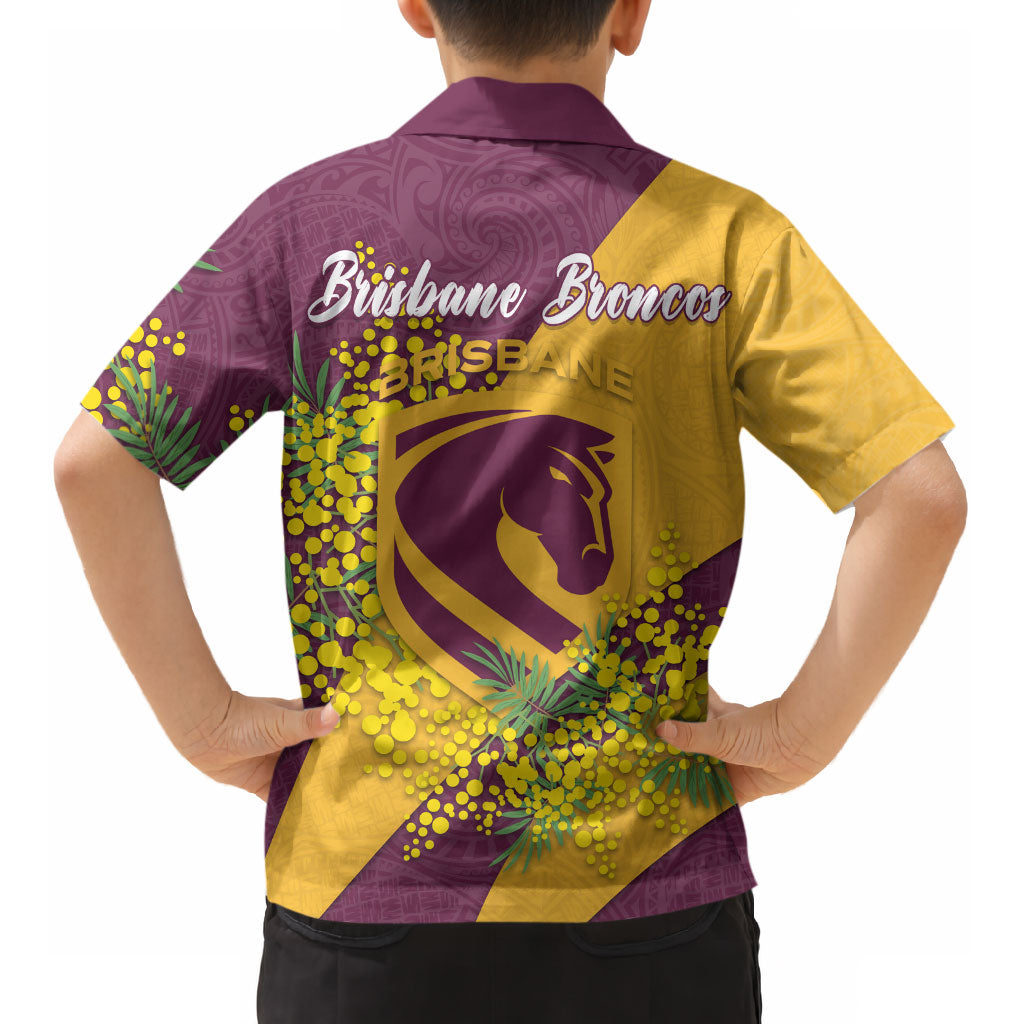 Brisbane Broncos Kid Hawaiian Shirt Golden Wattle Floral Polynesian - Australian Flower - Rugby Mascot
