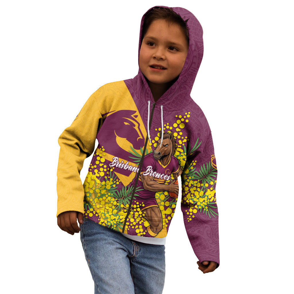 Brisbane Broncos Kid Hoodie Golden Wattle Floral Polynesian - Australian Flower - Rugby Mascot