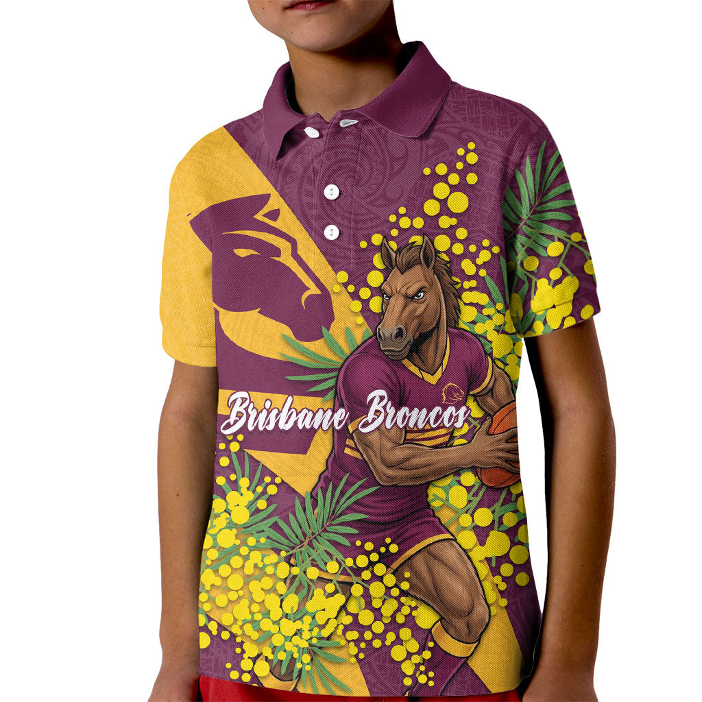 Brisbane Broncos Kid Polo Shirt Golden Wattle Floral Polynesian - Australian Flower - Rugby Mascot