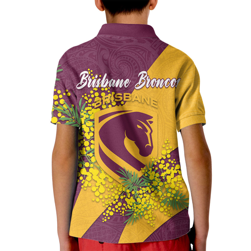 Brisbane Broncos Kid Polo Shirt Golden Wattle Floral Polynesian - Australian Flower - Rugby Mascot