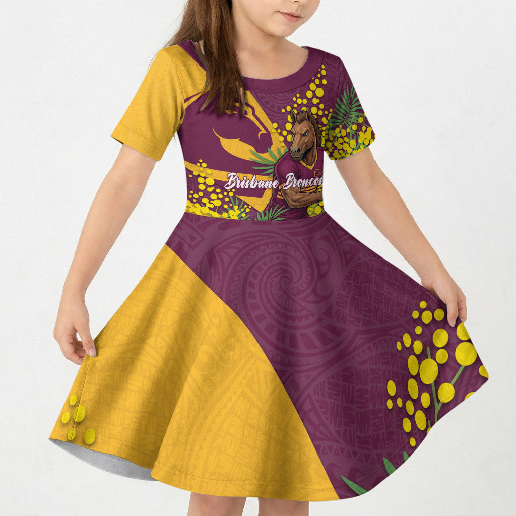 Brisbane Broncos Kid Short Sleeve Dress Golden Wattle Floral Polynesian - Australian Flower - Rugby Mascot