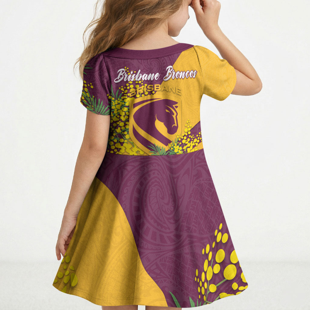 Brisbane Broncos Kid Short Sleeve Dress Golden Wattle Floral Polynesian - Australian Flower - Rugby Mascot