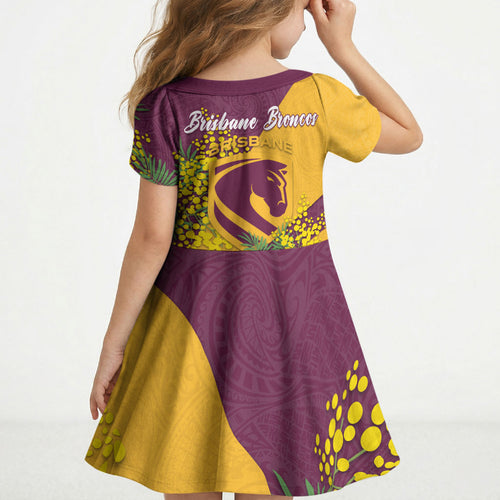Brisbane Broncos Kid Short Sleeve Dress Golden Wattle Floral Polynesian - Australian Flower - Rugby Mascot