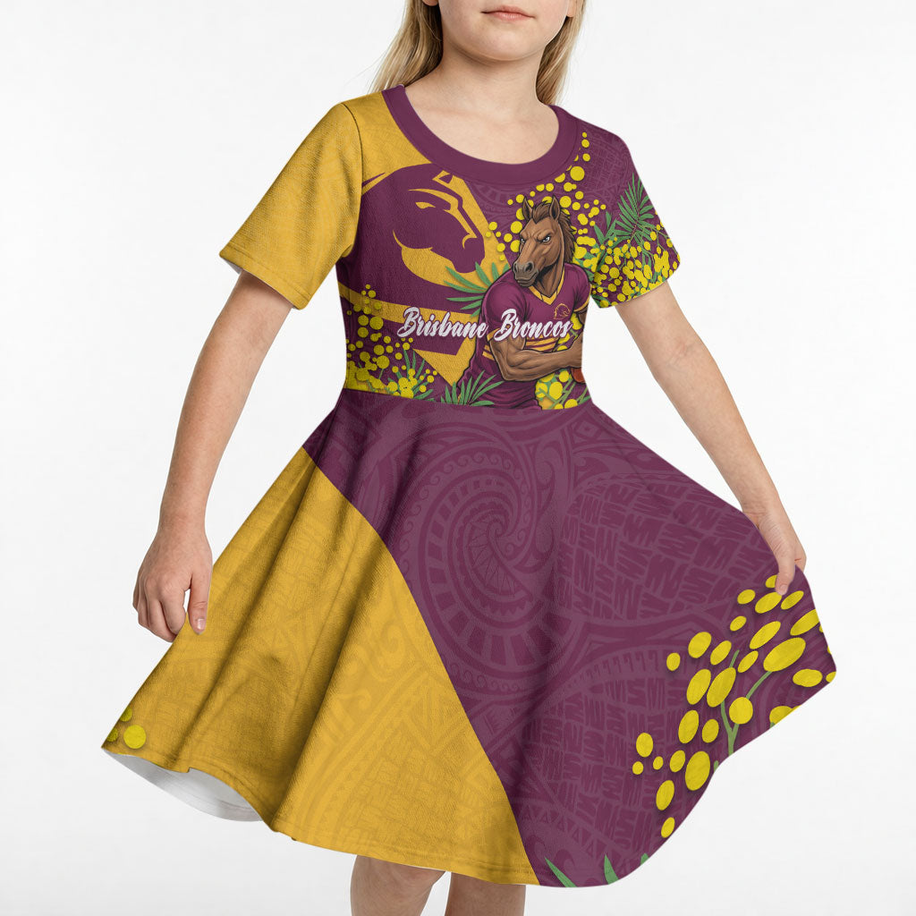 Brisbane Broncos Kid Short Sleeve Dress Golden Wattle Floral Polynesian - Australian Flower - Rugby Mascot
