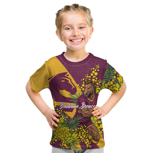 Brisbane Broncos Kid T Shirt Golden Wattle Floral Polynesian - Australian Flower - Rugby Mascot