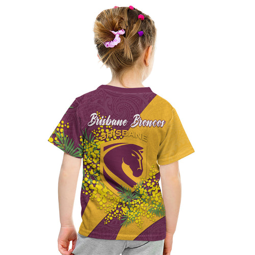 Brisbane Broncos Kid T Shirt Golden Wattle Floral Polynesian - Australian Flower - Rugby Mascot