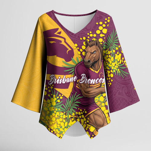 Brisbane Broncos Kimono Sleeve Blouse Golden Wattle Floral Polynesian - Australian Flower - Rugby Mascot