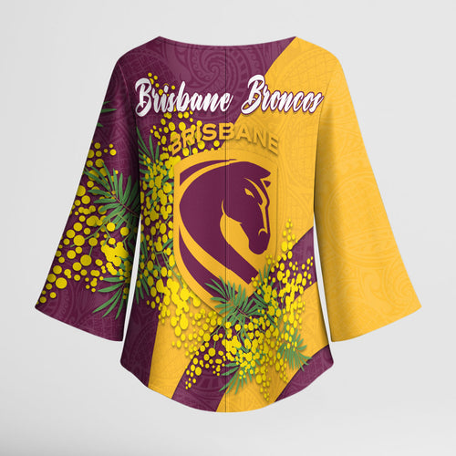 Brisbane Broncos Kimono Sleeve Blouse Golden Wattle Floral Polynesian - Australian Flower - Rugby Mascot