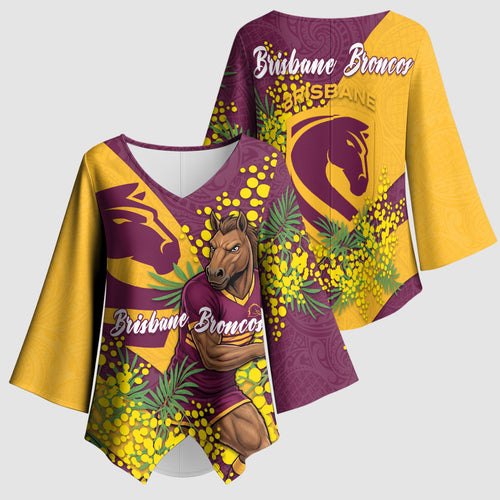 Brisbane Broncos Kimono Sleeve Blouse Golden Wattle Floral Polynesian - Australian Flower - Rugby Mascot