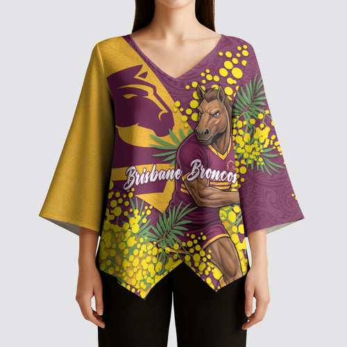 Brisbane Broncos Kimono Sleeve Blouse Golden Wattle Floral Polynesian - Australian Flower - Rugby Mascot