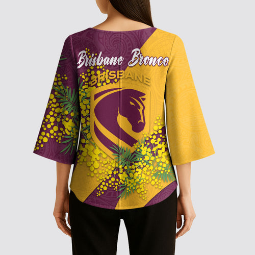 Brisbane Broncos Kimono Sleeve Blouse Golden Wattle Floral Polynesian - Australian Flower - Rugby Mascot