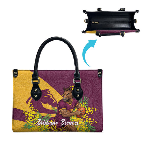 Brisbane Broncos Leather Bag Golden Wattle Floral Polynesian - Australian Flower - Rugby Mascot