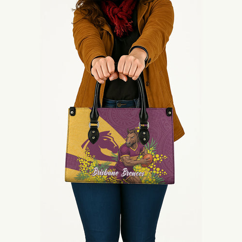 Brisbane Broncos Leather Bag Golden Wattle Floral Polynesian - Australian Flower - Rugby Mascot