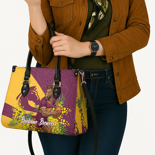 Brisbane Broncos Leather Bag Golden Wattle Floral Polynesian - Australian Flower - Rugby Mascot