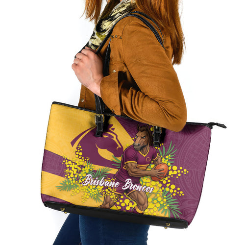 Brisbane Broncos Leather Tote Bag Golden Wattle Floral Polynesian - Australian Flower - Rugby Mascot