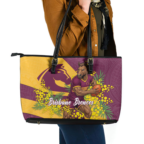 Brisbane Broncos Leather Tote Bag Golden Wattle Floral Polynesian - Australian Flower - Rugby Mascot