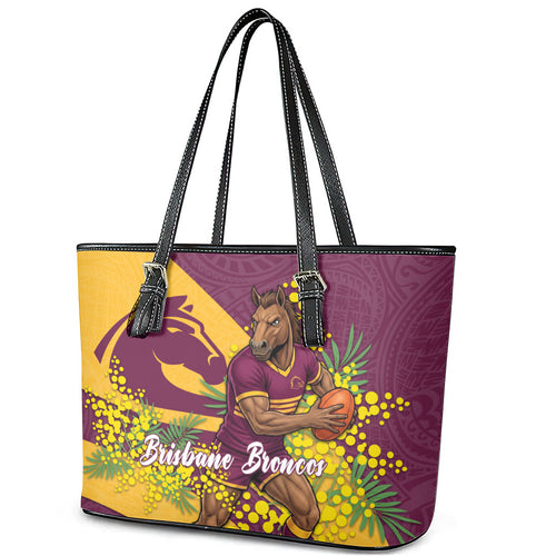 Brisbane Broncos Leather Tote Bag Golden Wattle Floral Polynesian - Australian Flower - Rugby Mascot