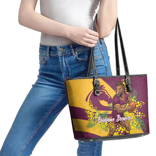Brisbane Broncos Leather Tote Bag Golden Wattle Floral Polynesian - Australian Flower - Rugby Mascot