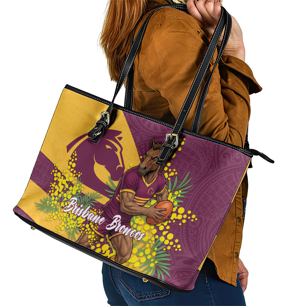 Brisbane Broncos Leather Tote Bag Golden Wattle Floral Polynesian - Australian Flower - Rugby Mascot