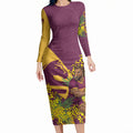 Brisbane Broncos Long Sleeve Bodycon Dress Golden Wattle Floral Polynesian - Australian Flower - Rugby Mascot